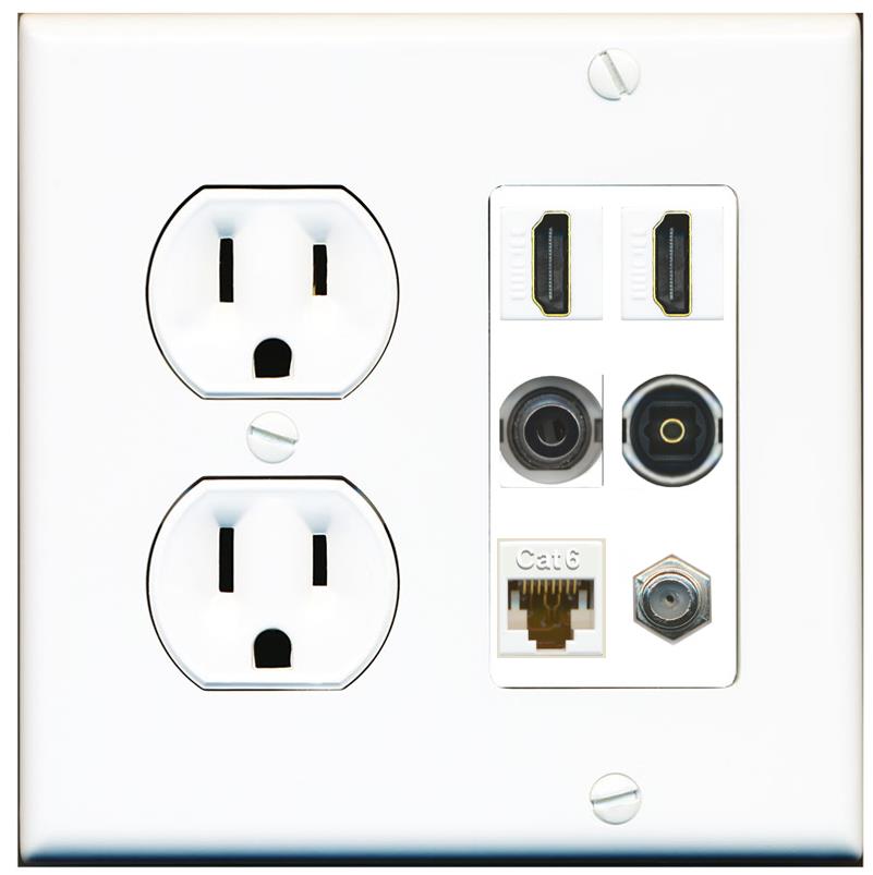 2 Port HDMI 1 Coax CAT6 3.5mm Toslink Jack Wall Plate - Round Outlet [White]