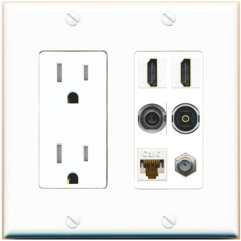 2 Port HDMI 1 Coax CAT6 3.5mm Toslink Jack Wall Plate - Tamper-Res [White]