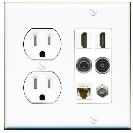 2 Port HDMI 1 Coax CAT6 3.5mm Toslink Jack Wall Plate - Tamper Proof [White]