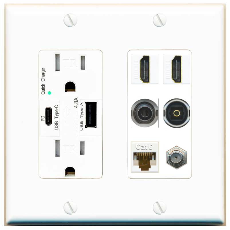 2 Port HDMI 1 Coax CAT6 3.5mm Toslink Jack Wall Plate - USB AC Charger [White]