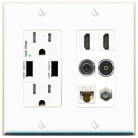 2 Port HDMI 1 Coax CAT6 3.5mm Toslink Jack Wall Plate - USB Charger [White]