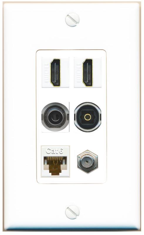 2 Port HDMI 1 Coax CAT6 3.5mm Toslink Jack Wall Plate - 1 Gang [White]