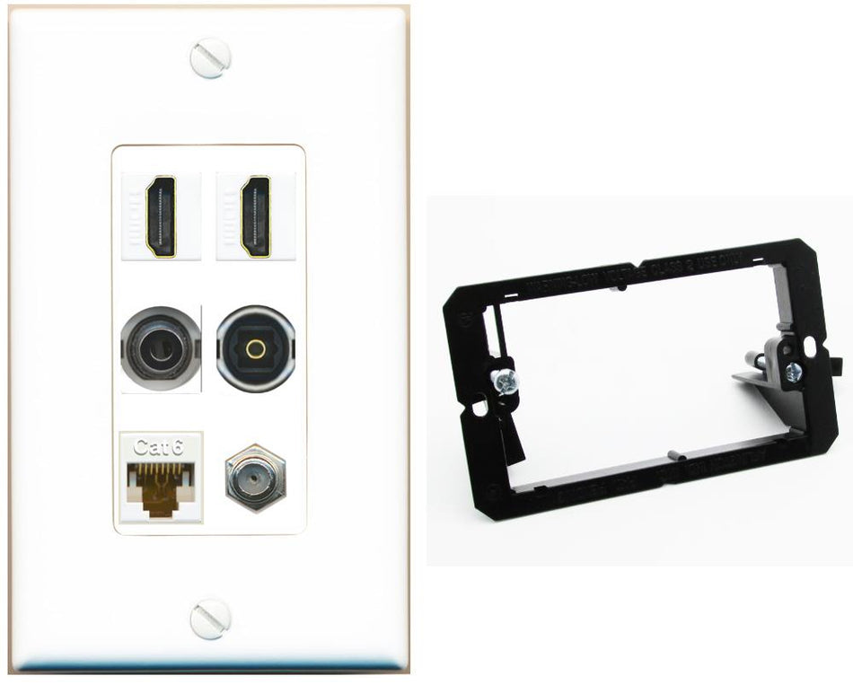 2 Port HDMI 1 Coax CAT6 3.5mm Toslink Jack Wall Plate - Bracket [White]