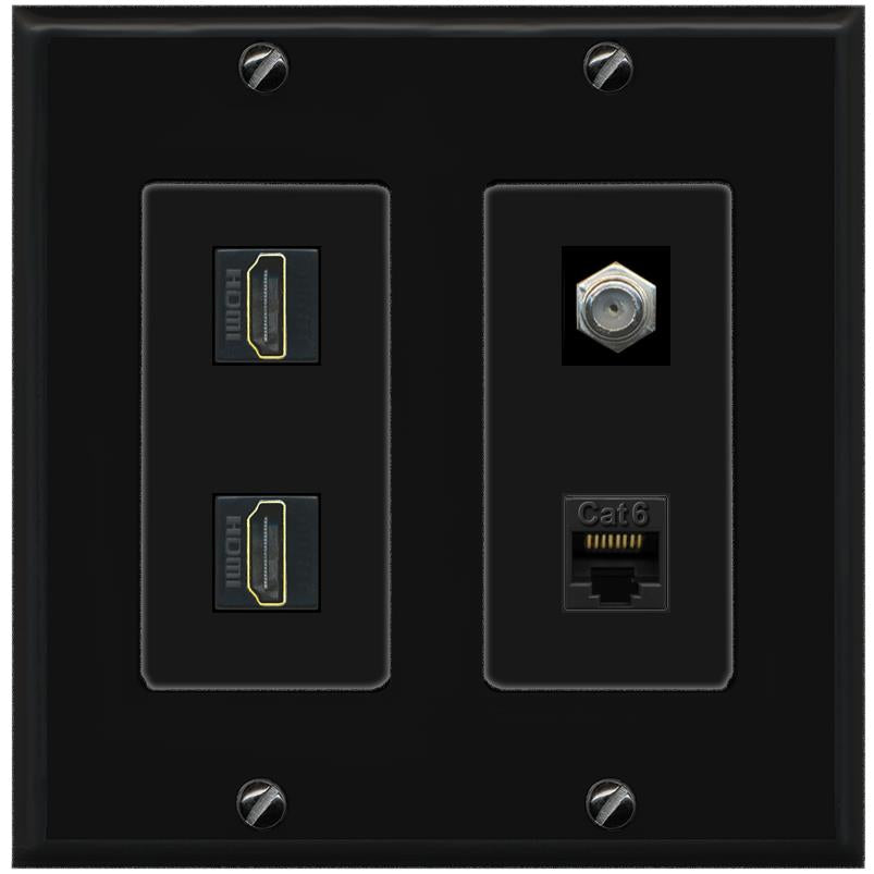 RiteAV 1 Port CAT6 COAX 2 HDMI Jack Wall Plate - 2 Gang [Black/Black]