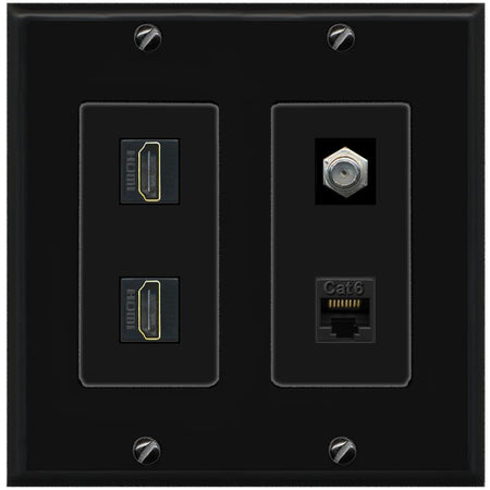 RiteAV 1 Port CAT6 COAX 2 HDMI Jack Wall Plate - 2 Gang [Black/Black]