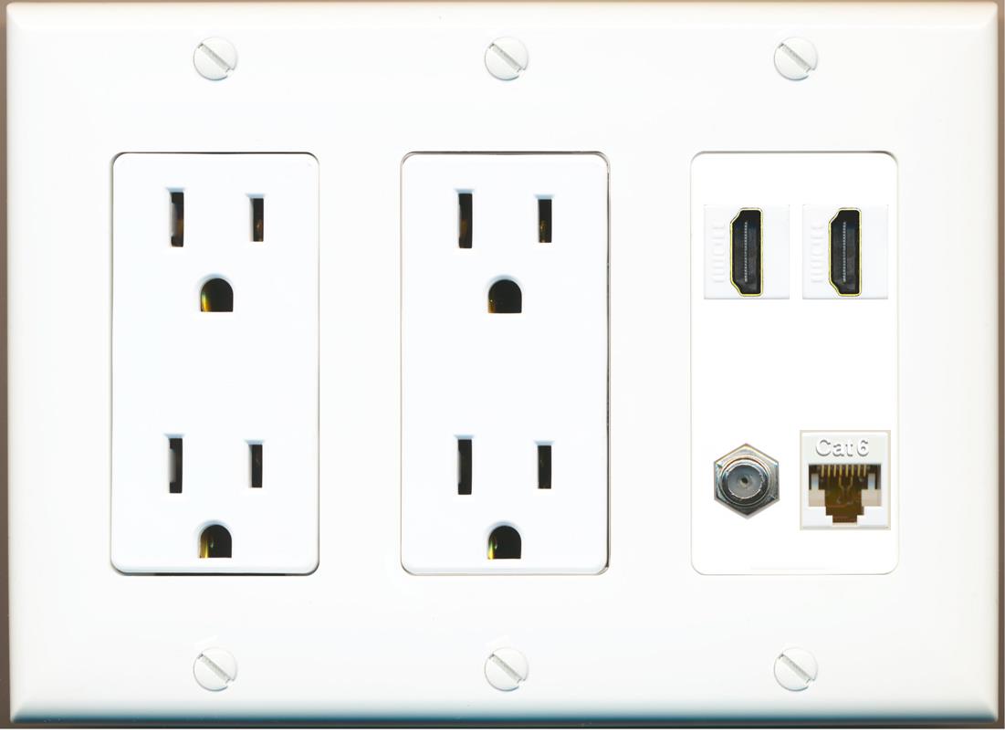 RiteAV 1 Port CAT6 COAX 2 HDMI Jack Wall Plate - 2 Outlet [White]