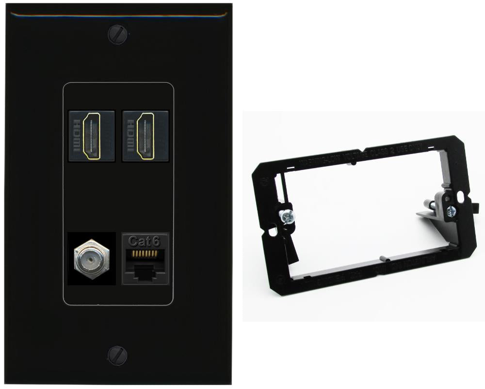 RiteAV 1 Port CAT6 COAX 2 HDMI Jack Wall Plate - Bracket [Black/Black]