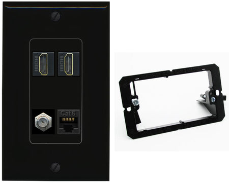 RiteAV 1 Port CAT6 COAX 2 HDMI Jack Wall Plate - Bracket [Black/Black]