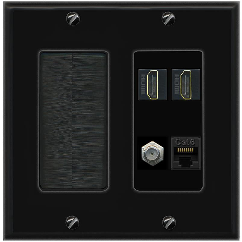 RiteAV 1 Port CAT6 COAX 2 HDMI Jack Wall Plate - Brush [Black/Black]
