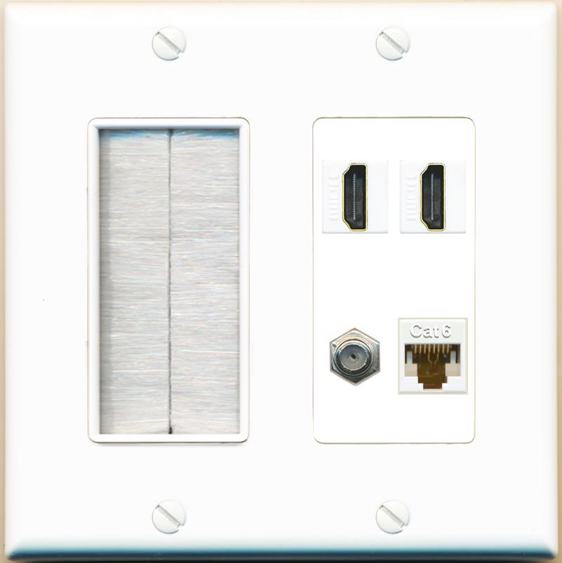 RiteAV 1 Port CAT6 COAX 2 HDMI Jack Wall Plate - Brush [White]
