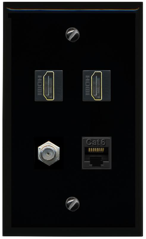 RiteAV 1 Port CAT6 COAX 2 HDMI Jack Wall Plate - Flat [Black/Black]