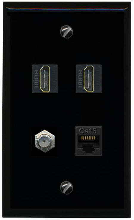 RiteAV 1 Port CAT6 COAX 2 HDMI Jack Wall Plate - Flat [Black/Black]