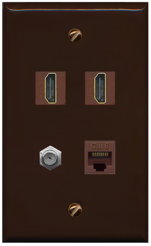 RiteAV 1 Port CAT6 COAX 2 HDMI Jack Wall Plate - Flat [Brown/Brown]