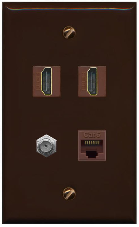RiteAV 1 Port CAT6 COAX 2 HDMI Jack Wall Plate - Flat [Brown/Brown]