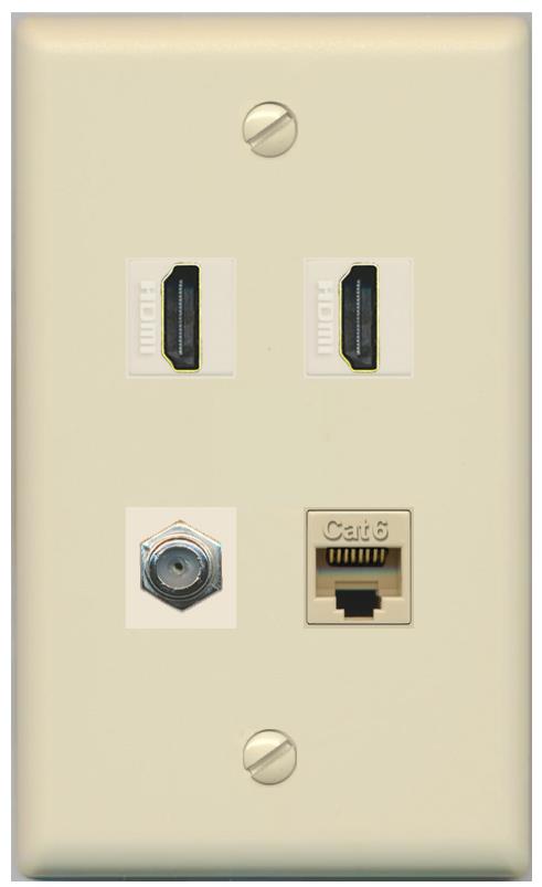 RiteAV 1 Port CAT6 COAX 2 HDMI Jack Wall Plate - Flat [Ivory/Ivory]