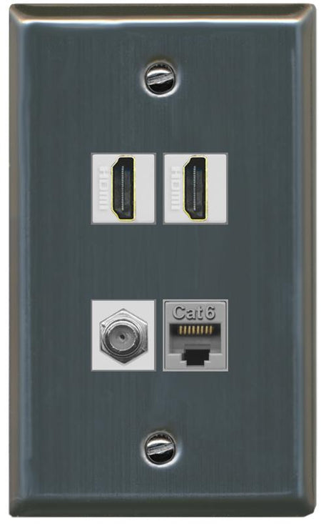 RiteAV 1 Port CAT6 COAX 2 HDMI Jack Wall Plate - Flat [Stainless Steel]