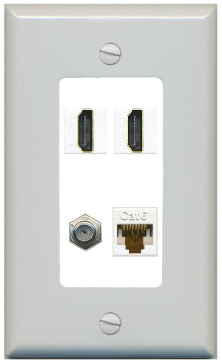 RiteAV 1 Port CAT6 COAX 2 HDMI Jack Wall Plate - 1 Gang [Gray/White]