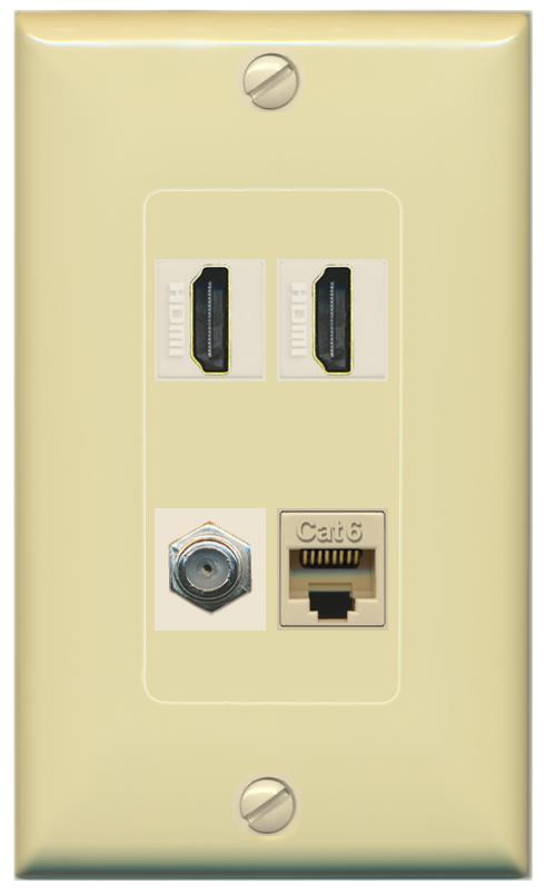 RiteAV 1 Port CAT6 COAX 2 HDMI Jack Wall Plate - 1 Gang [Ivory/Ivory]