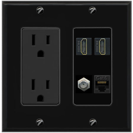 RiteAV 1 Port CAT6 COAX 2 HDMI Jack Wall Plate - Outlet [Black/Black]