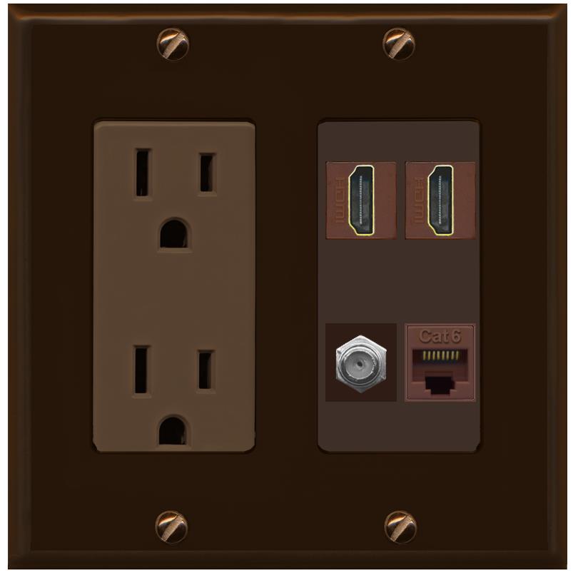 RiteAV 1 Port CAT6 COAX 2 HDMI Jack Wall Plate - Outlet [Brown/Brown]