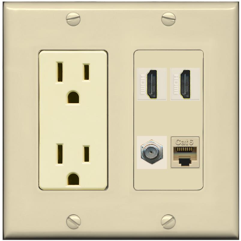 RiteAV 1 Port CAT6 COAX 2 HDMI Jack Wall Plate - Outlet [Ivory/Ivory]