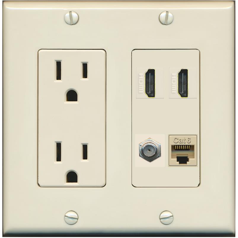 RiteAV 1 Port CAT6 COAX 2 HDMI Jack Wall Plate - Outlet [Light-Almond]