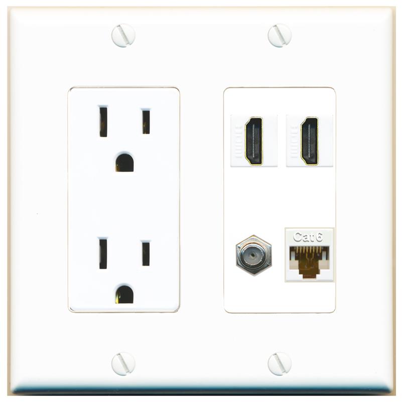 RiteAV 1 Port CAT6 COAX 2 HDMI Jack Wall Plate - Outlet [White]