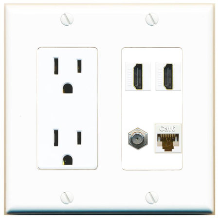 RiteAV 1 Port CAT6 COAX 2 HDMI Jack Wall Plate - Outlet [White]