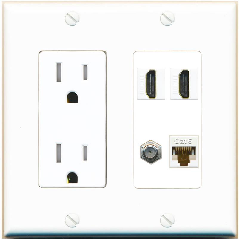 RiteAV 1 Port CAT6 COAX 2 HDMI Jack Wall Plate - Tamper-Res [White]