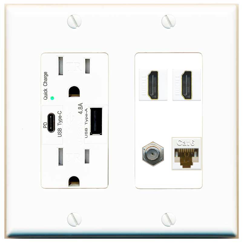 RiteAV 1 Port CAT6 COAX 2 HDMI Jack Wall Plate - USB AC Charger [White]