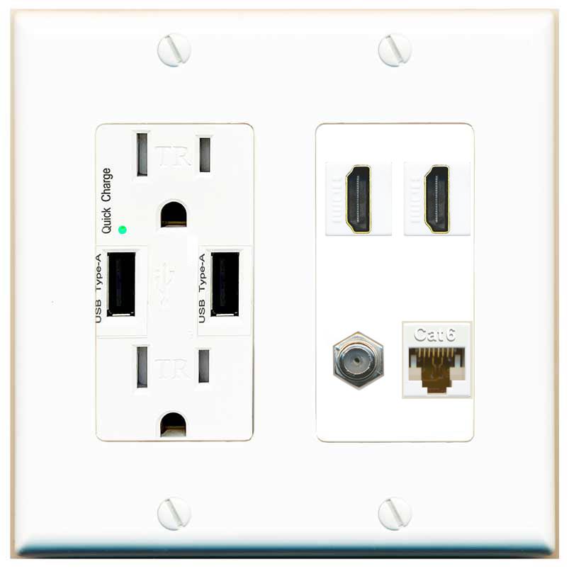 RiteAV 1 Port CAT6 COAX 2 HDMI Jack Wall Plate - USB Charger [White]