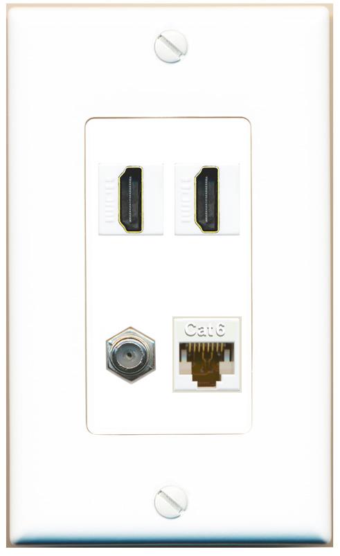 RiteAV 1 Port CAT6 COAX 2 HDMI Jack Wall Plate - 1 Gang [White]