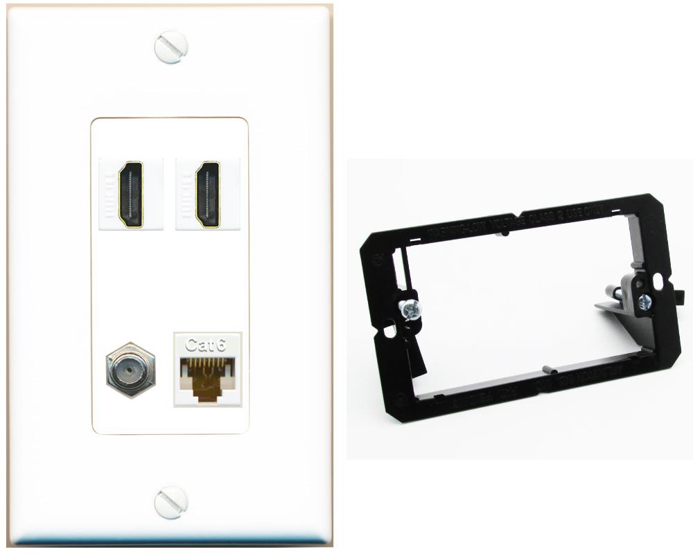 RiteAV 1 Port CAT6 COAX 2 HDMI Jack Wall Plate - Bracket [White]