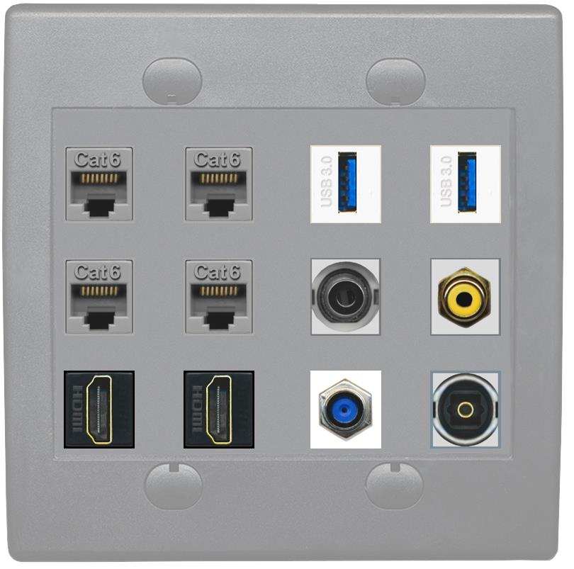 3-5MM 4 CAT6 F81 2 HDMI RCA-YELLOW TOSLINK 2 USB-3 Wall Plate - Flat 2 Gang [Gray/Gray]