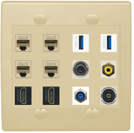 3-5MM 4 CAT6 F81 2 HDMI RCA-YELLOW TOSLINK 2 USB-3 Wall Plate - Flat 2 Gang [Ivory/Ivory]