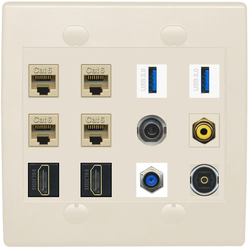 3-5MM 4 CAT6 F81 2 HDMI RCA-YELLOW TOSLINK 2 USB-3 Wall Plate - Flat 2 Gang [Light Almond]