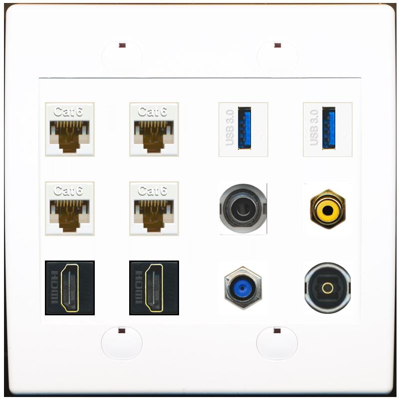 3-5MM 4 CAT6 F81 2 HDMI RCA-YELLOW TOSLINK 2 USB-3 Wall Plate - Flat 2 Gang [White]