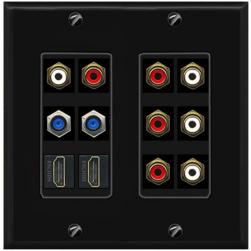 2 Gang Face Plate 8 X RCA Red/White 2 X F81 Coax 2 X HDMI Wall Plate - 2 Gang [Black/Black]
