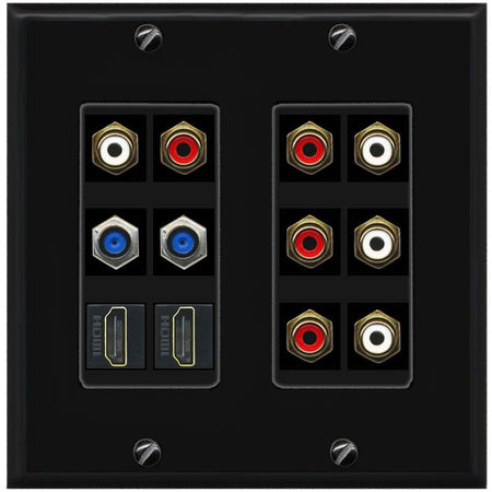 2 Gang Face Plate 8 X RCA Red/White 2 X F81 Coax 2 X HDMI Wall Plate - 2 Gang [Black/Black]