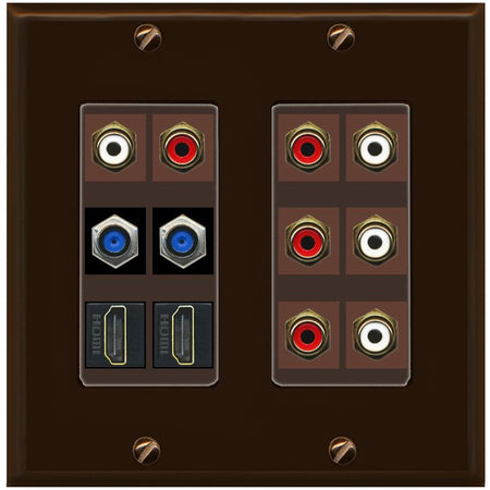 2 Gang Face Plate 8 X RCA Red/White 2 X F81 Coax 2 X HDMI Wall Plate - 2 Gang [Brown/Brown]