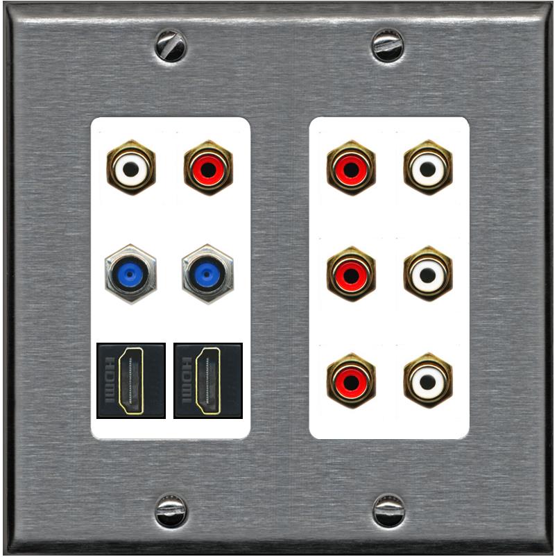 2 Gang Face Plate 8 X RCA Red/White 2 X F81 Coax 2 X HDMI Wall Plate - 2 Gang [Stainless/White]