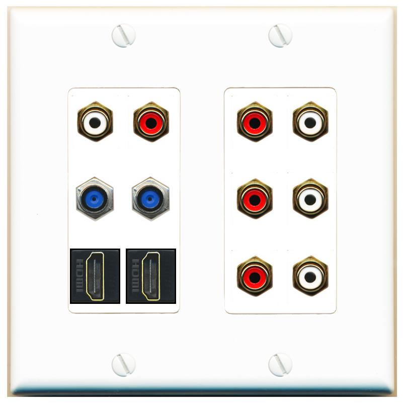 2 Gang Face Plate 8 X RCA Red/White 2 X F81 Coax 2 X HDMI Wall Plate - 2 Gang [White]