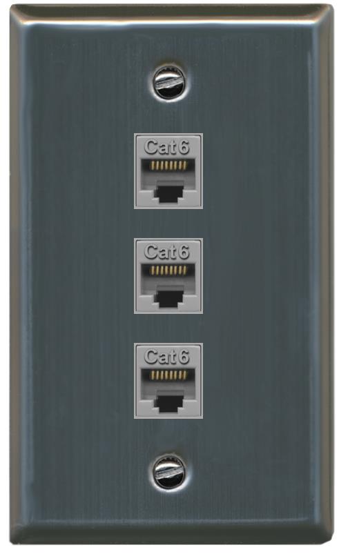 RiteAV - 3 Port Cat6 Ethernet Female-Female Wall Plate - Flat [Stainless Steel]