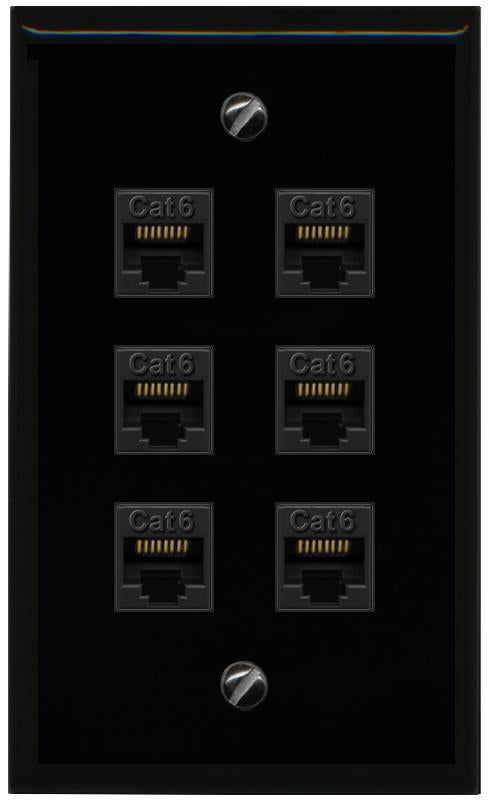 RiteAV - 6 Port Cat6 Ethernet RJ45 Female-Female Wall Plate - Flat [Black/Black]
