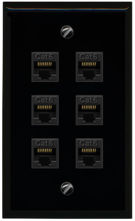 RiteAV - 6 Port Cat6 Ethernet RJ45 Female-Female Wall Plate - Flat [Black/Black]