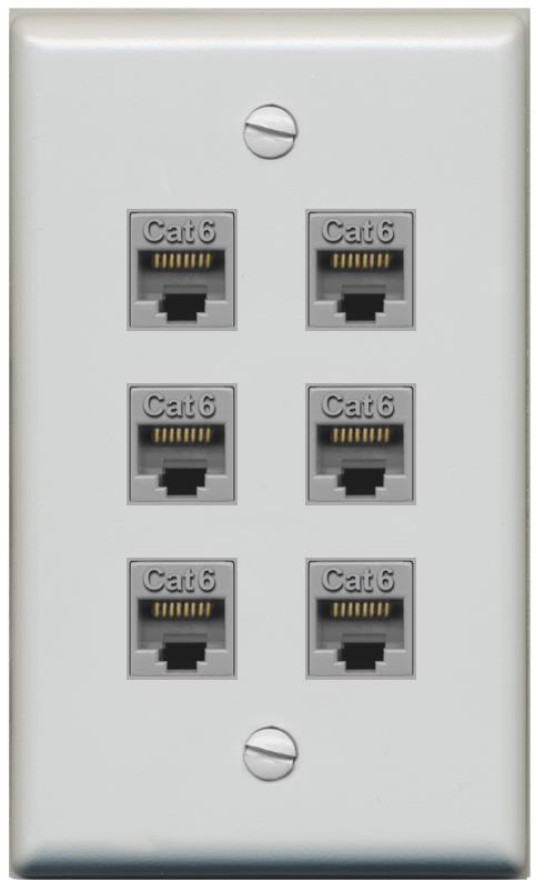 RiteAV - 6 Port Cat6 Ethernet RJ45 Female-Female Wall Plate - Flat [Gray/Gray]