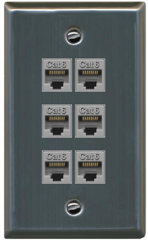 RiteAV - 6 Port Cat6 Ethernet RJ45 Female-Female Wall Plate - Flat [Stainless Steel]