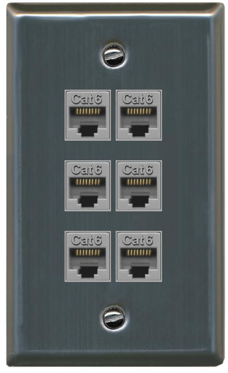 RiteAV - 6 Port Cat6 Ethernet RJ45 Female-Female Wall Plate - Flat [Stainless Steel]