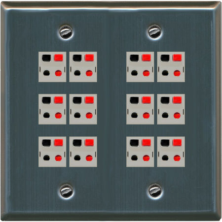RiteAV 12 Port Speaker Jack Dual Gang Wall Plate for Home Theater - Flat Style 2 Gang [Stainless Steel]
