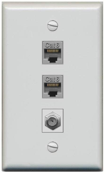 RiteAV 2 Port Cat6 1 Coax Flat/Solid Wall Plate - Flat [Gray/Gray]